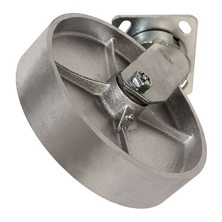 Angled bottom view of swivel caster with silver wheel